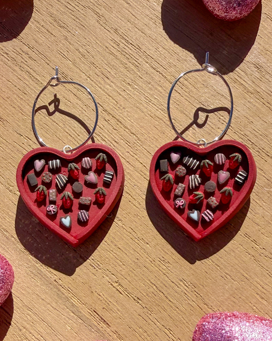 Heart shaped chocolate box with chocolate dangle earrings