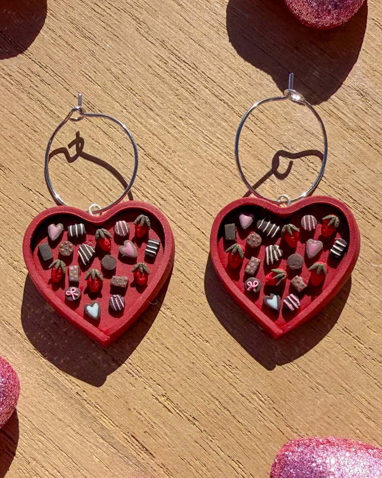 Heart shaped chocolate box with chocolate dangle earrings