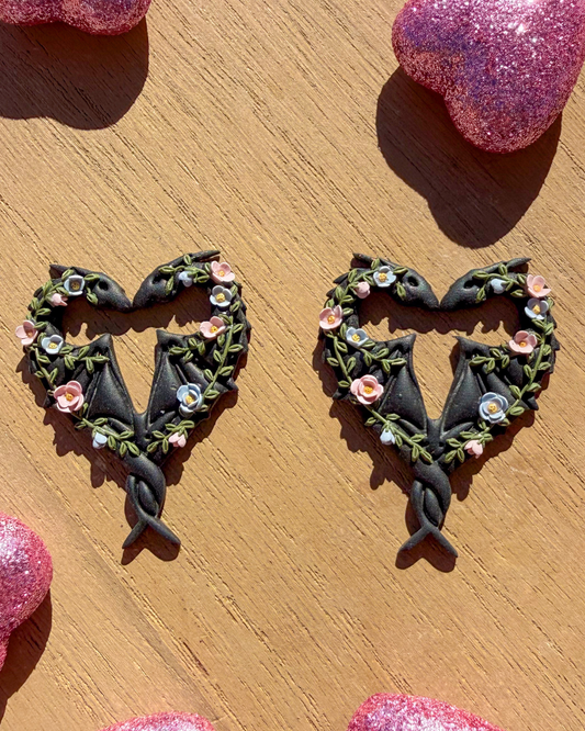 Floral polymer clay black dragon earrings