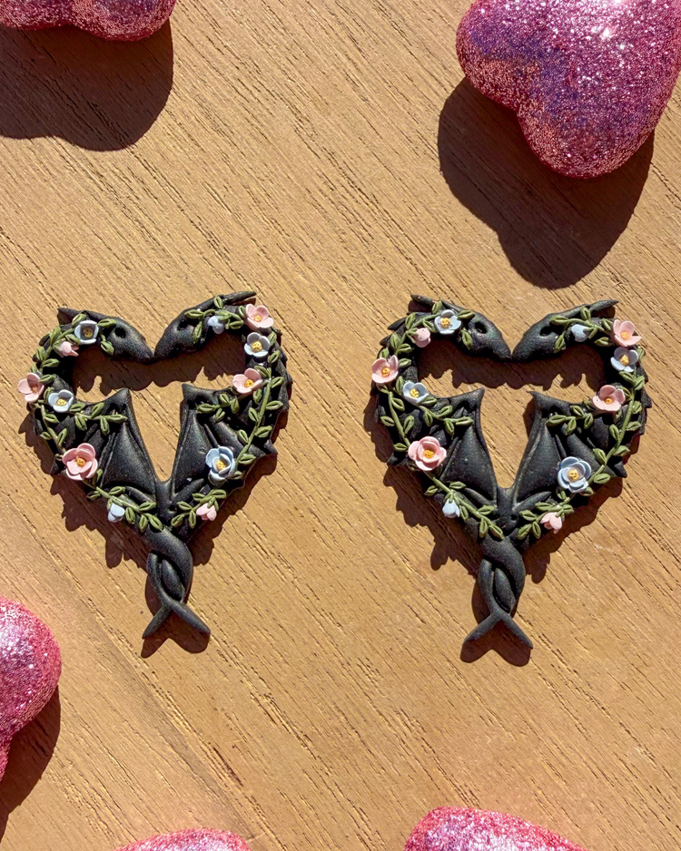 Floral polymer clay black dragon earrings