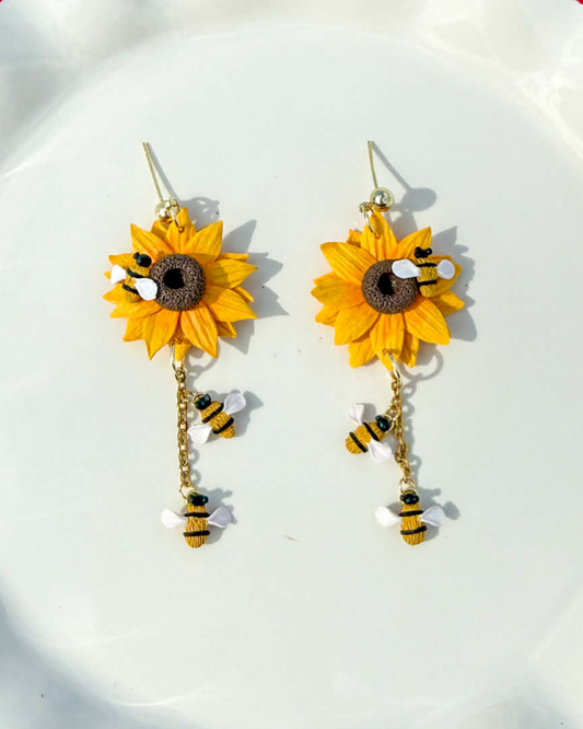 sunflower with bees dangle earrings